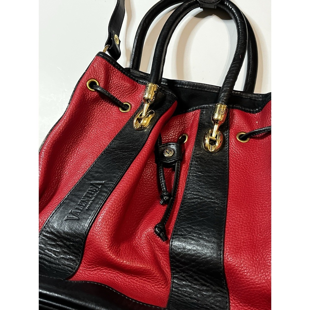 Valentina Carrano Red / Black Leather Bucket Bag Crossbody Purse - Picture 4 of 9